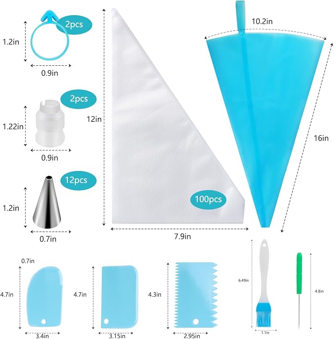 122Pcs Piping Bags and Tips Set, 100pcs 12 Inch Disposable Piping Bags, 16 Inch Reusable Icing Pastry Bags, Anti Burst Frosting Bags, Cake Decorating Bags Kit Supplies for Baking Cupcake Cookies Tools
