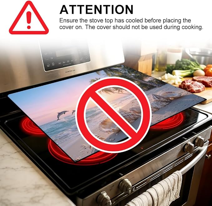 Beach Stove Top Cover, Tropical Coastal Kitchen, 28x20 in | Sunset beach with dolphins, palm trees and seashells; non-slip mat; protects glass and electric cooktops; 28.4 x 20.5 in