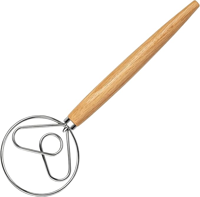 Maxjoy Danish Dough Whisk, Stainless Steel Wooden Bread Tool for Sourdough | Wooden Handle Dutch Dough Hook, Replaces Mixer and Spoon for Sourdough Pastry Pizza, Food Safe, Rust Resistant, Easy Clean