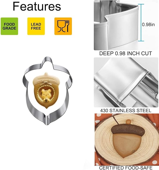 6 Pieces Thanksgiving Cookie Cutters, Fall Themed Holiday Cookie Cutter Shapes of Pumpkin,Maple Leaves,Oak Leaves,Turkey,Squirrel,and Acorn Cookie Cutters with Decorating Instructions