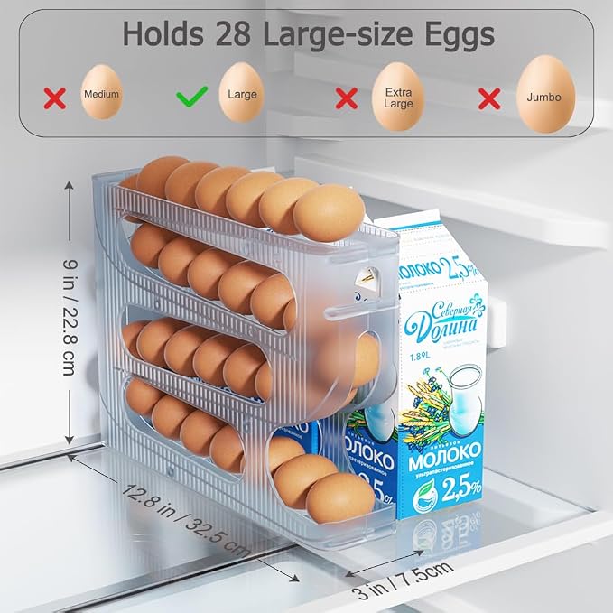 FIFO Egg Holder for Fridge, Egg Organizer for 28 Large Size Eggs | 1-Pack Auto Rolling Egg Dispenser for Refrigerator, Space-Saving Egg Roller/Container/Storage(Frosted Clear)