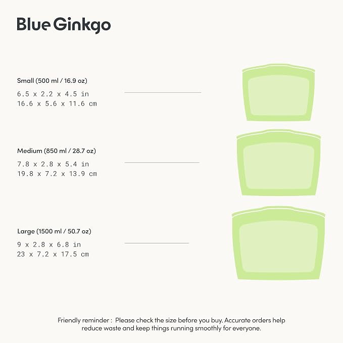 Blue Ginkgo Silicone Food Storage Bags, 3-Pack, Reusable, Made in Korea | Leakproof. Stand Up. Freezer and Dishwasher Safe. (Olive Green)