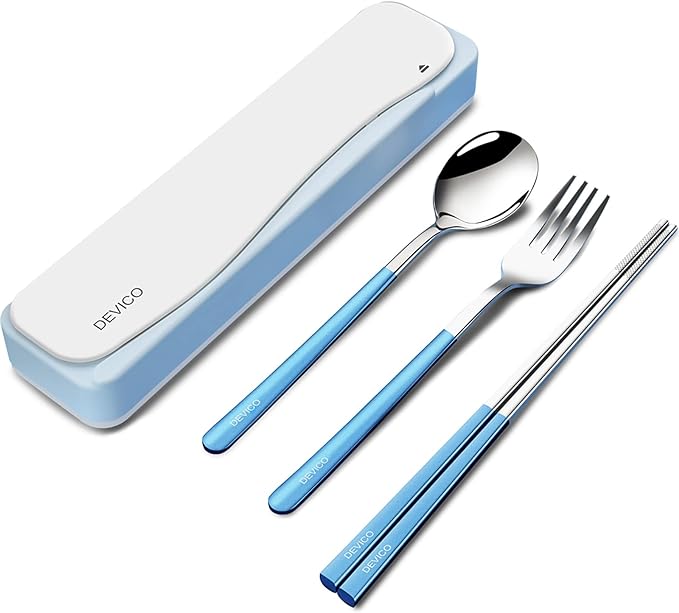 DEVICO Travel Utensils with Case, 4Pcs Portable Silverware Set for Work, 18/8 Stainless Steel Reusable Cutlery, Korean Spoon and Chopsticks Fork for Camping, School, Lunch Box Accessories (Blue)