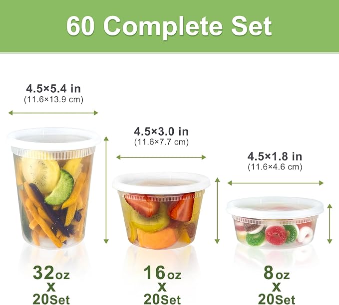 60 Sets (120-Piece) Deli Containers with Lids, 32/16/8 oz X 20 Set Each | Leak-Proof & BPA Free Airtight Takeout Plastic Food Storage Containers for Soup, Freezer/Microwave