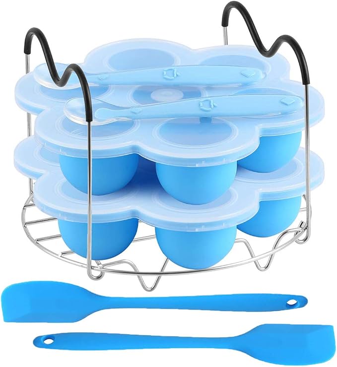 7PCS Silicone Egg Bites Mold Set with Steamer Rack for 6qt 8qt Instant Pot | Includes 2 Spoons and 2 Spatulas for Meal Prep, Breakfast Recipes, Steaming, Baking, and Convenient Homemade Egg Snacks