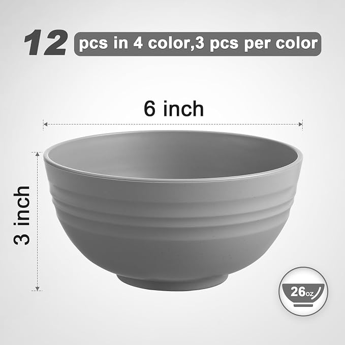 HEYCOME 12 Pcs Unbreakable Cereal Bowls Set, 26 Oz Wheat Straw Bowls Set, Microwave & Dishwasher Safe Bowls for Kitchen, Reusable Plastic Bowls for Soup, Salad and Snack, BPA Free, Multicolor