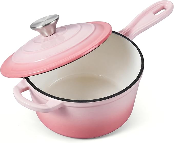 Onader Cast Iron Sauce Pan Pot, 2QT Small Saucepan with Lid, Enameled Cast Iron Dutch Oven Cooking Kitchen Pot – Pink