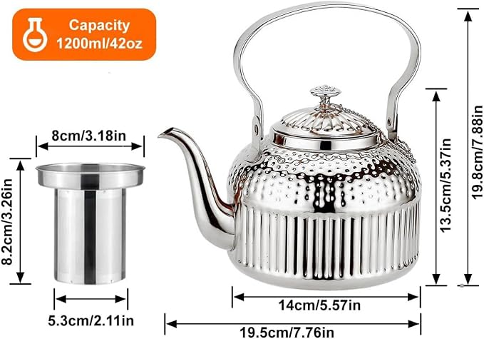SANQIAHOME Antique 1.4L (45 Oz) Stainless Steel Teapot with Infuser Silver
