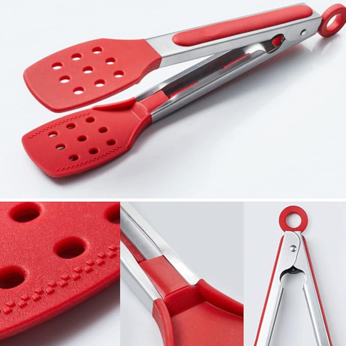 9 Inch Kitchen Tongs, Stainless Steel Cooking Tongs with Silicone Tips | For Cooking/Serving/Grilling | Heat-Resistant | Food-Grade Material | Dishwasher Safe | Red