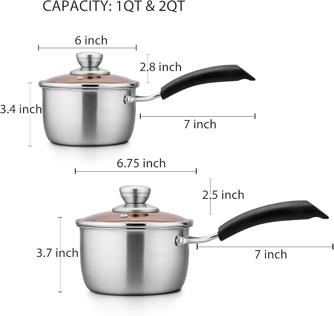 TeamFar 1qt & 2qt Saucepan with Lid, Stainless Steel Small Cooking Pot | Milk Sauce Pan with Long Handle for Home Kitchen, Non-Toxic & Heavy-Duty, Multi-use & Dishwasher Safe