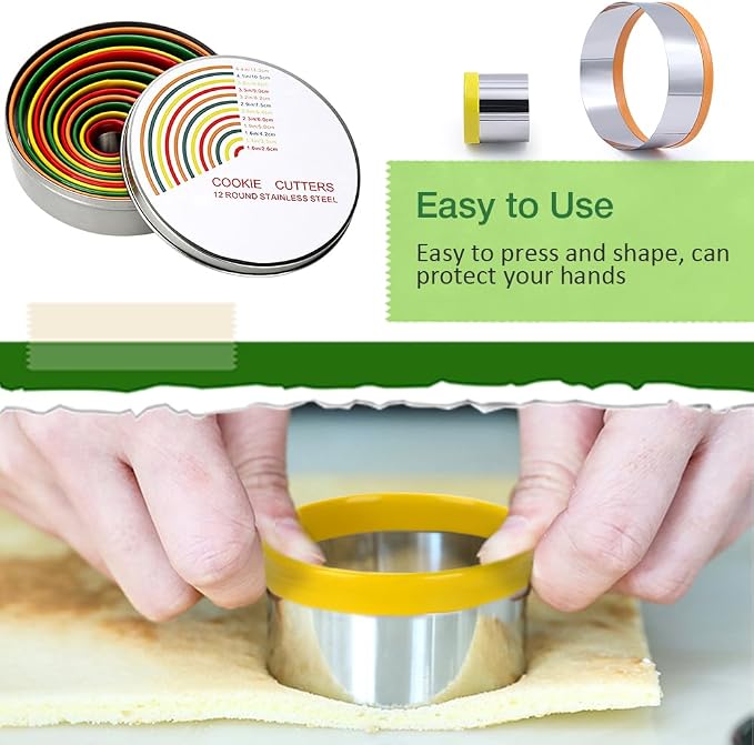 Alimat PluS Round Biscuit Cutter Set, 12 Pack Circle Cookie Cutters | Stainless Steel Donut Cutter with Colorful Rubber Coating, Different Sizes for Dough, Fondant, Clay