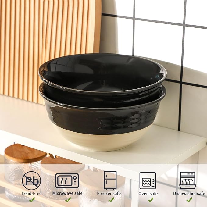 HASENSE Large Porcelain Serving Bowls Set of 2, 60 Oz 8.5 Inch Black & Beige Stoneware Mixing Bowls, Farmhouse Bowls for Salad, Soup & Pasta, Dishwasher & Microwave Safe