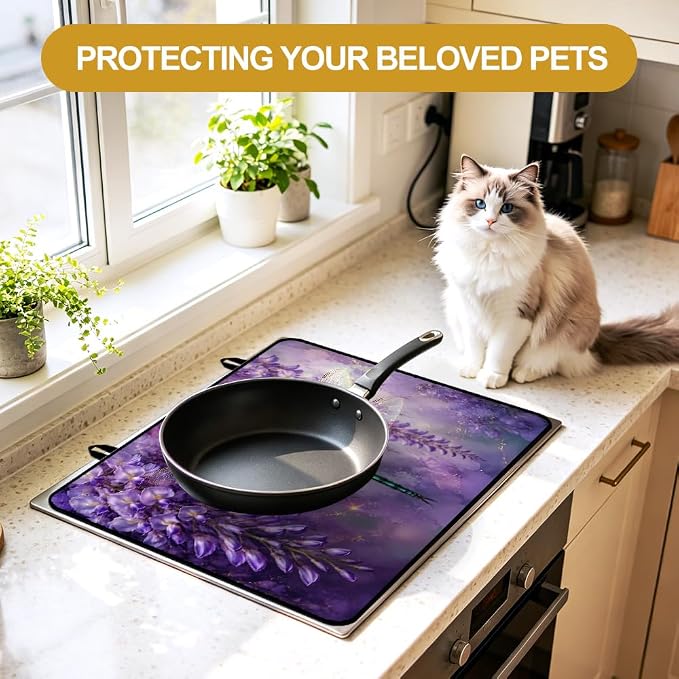 Dragonfly Wisteria Stove Top Cover for Electric Gas Glass Stove | Purple dragonfly wisteria kitchen decor; non-slip stovetop cover, glass cooktop noodle board, whimsical floral counter mat