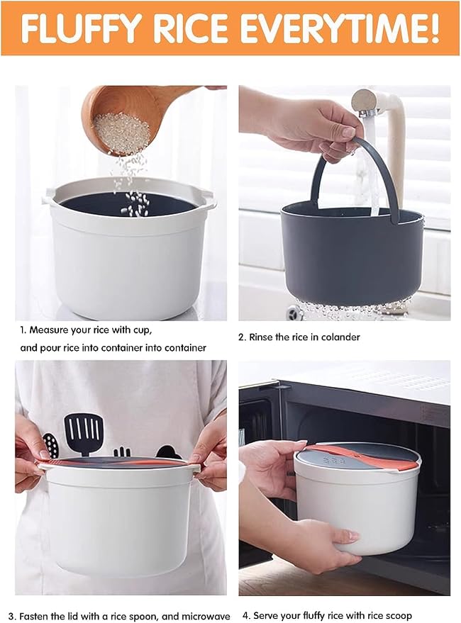 Microwave Rice Cooker Steamer, Microwave Pasta Cooker with Strainer, 2 L Microwave Cookware Set for Rice, Pasta, Vegetables, Quinoa, Oatmeal, Ramen Non stick (orange)