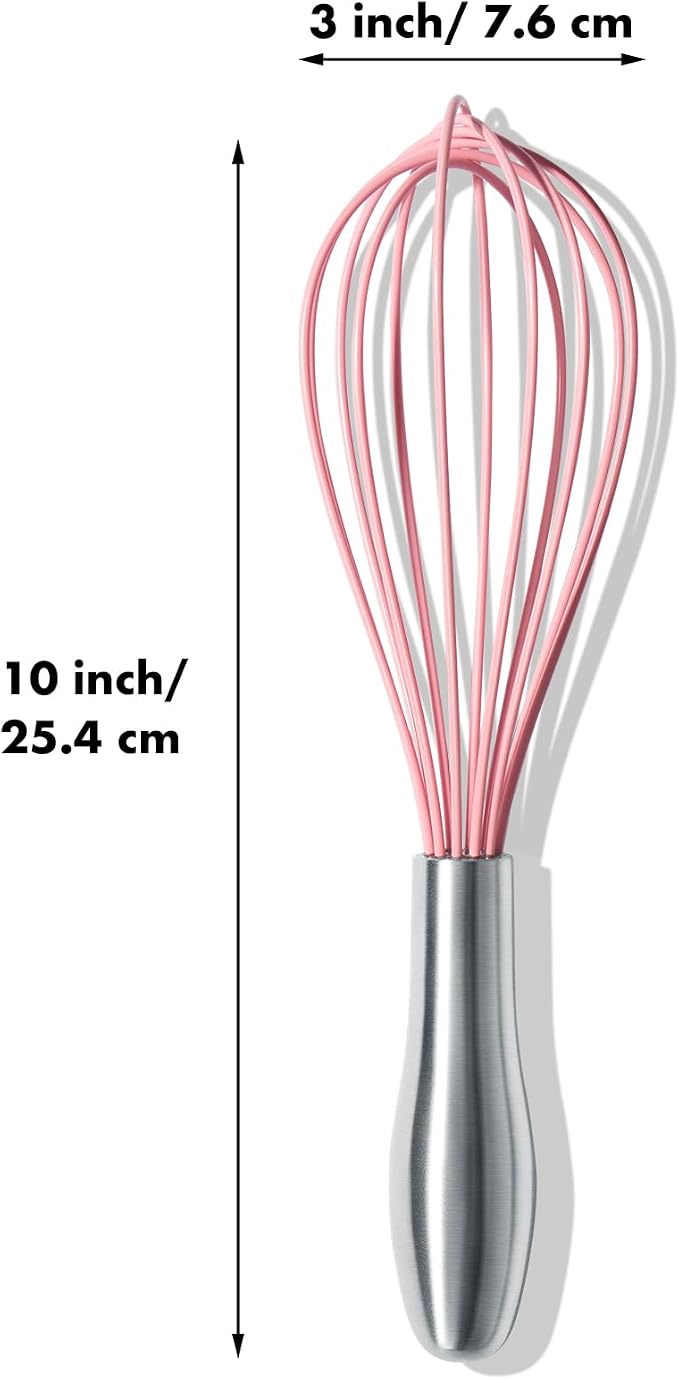 OYV 10-Inch Pink Silicone Whisk, Non-Scratch, 18/10 Stainless Steel Handle | 480°F Heat Resistant, BPA-Free Silicone, Sealed Waterproof Handle, Nonstick-Safe, Dishwasher Safe