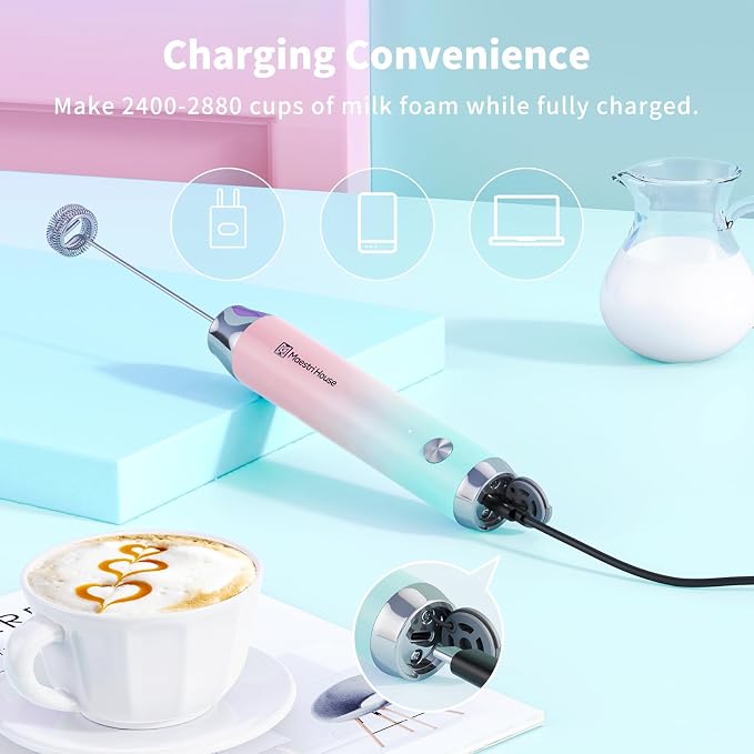 Maestri House LunaFro Rechargeable Milk Frother,Stand & 2 Detachable Whisks | 8000RPM Turbo Motor, 1200mAh lithium battery, Handheld Milk Frother for Lattes, Cappuccino, Matcha & Powdered Supplements