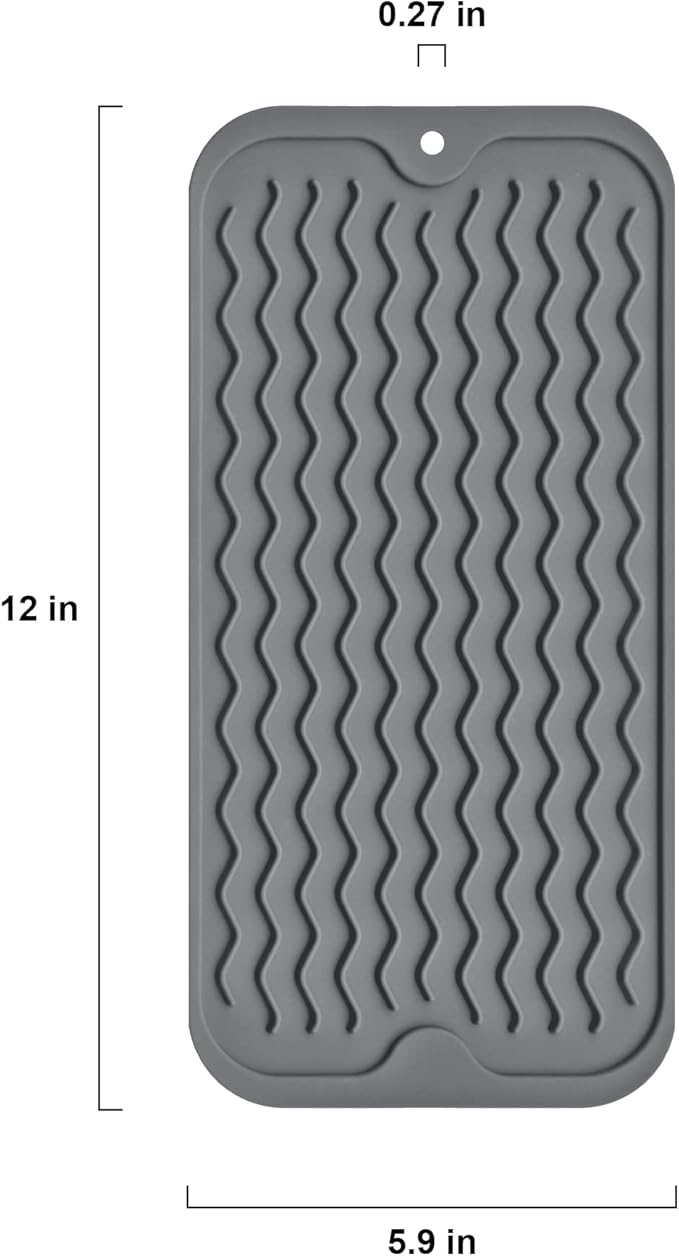 Silicone Dish Drying Mat, Non-Slip Easy Clean Sink Mat Large Heat-resistant Dish Drainer Mat for Kitchen Counter, Sink, Refrigerator or Drawer liner (12" x 6", GREY) | Quick-Dry Ridges, Hangable & Roll-Up for Storage, Dishwasher Safe