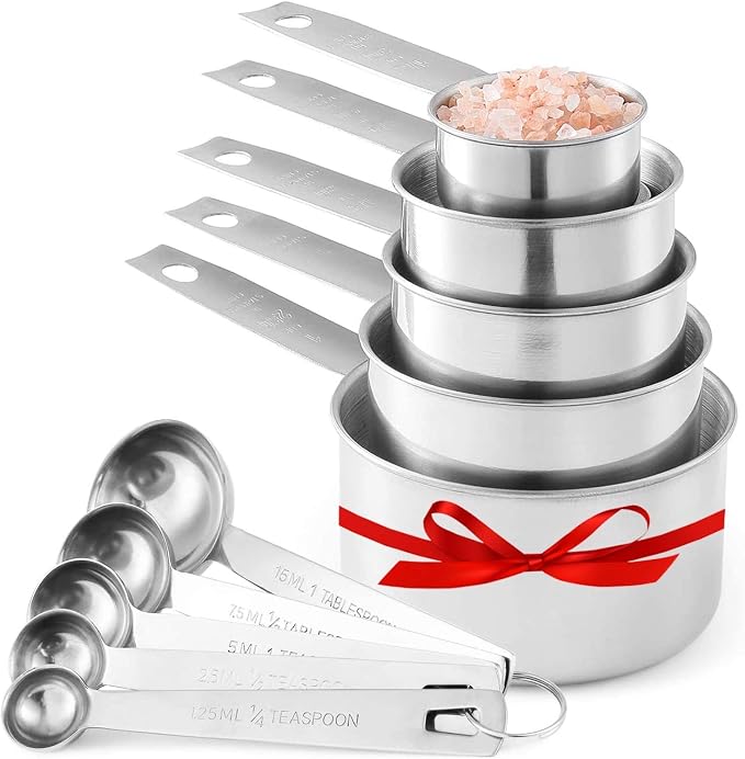 Laxinis World Stainless Steel Measuring Cups and Spoons Set, 10-Piece | Satin-brushed Steel, Engraved Metric and US Standard Markings, Elongated Handles, Nesting Ring Storage, and Dishwasher Safe