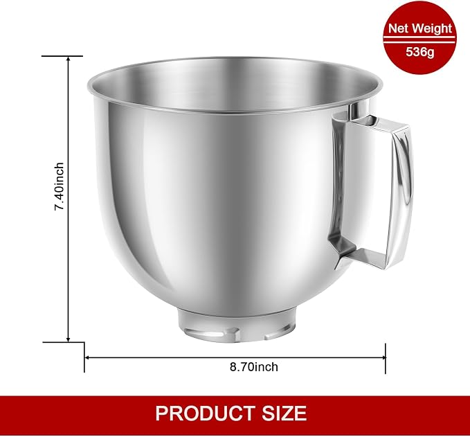 5QT Mixer Bowl for all KitchenAid 4.5-5QT Tilt-Head Stand Mixers | Food Grade 304 Stainless Steel, Polish Inner Surface, Ergonomic Handle, Dishwasher Safe, Light Weight