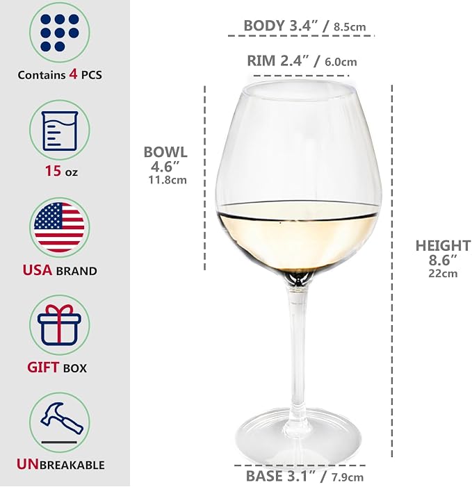 crayline Plastic Wine Glasses Set of 4(15oz) | 100% Tritan & BPA Free | Unbreakable Wine Glasses with Stem | Dishwasher Safe | Perfect For Pool, Patio, Camping, Outdoor Parties, Everyday Use.