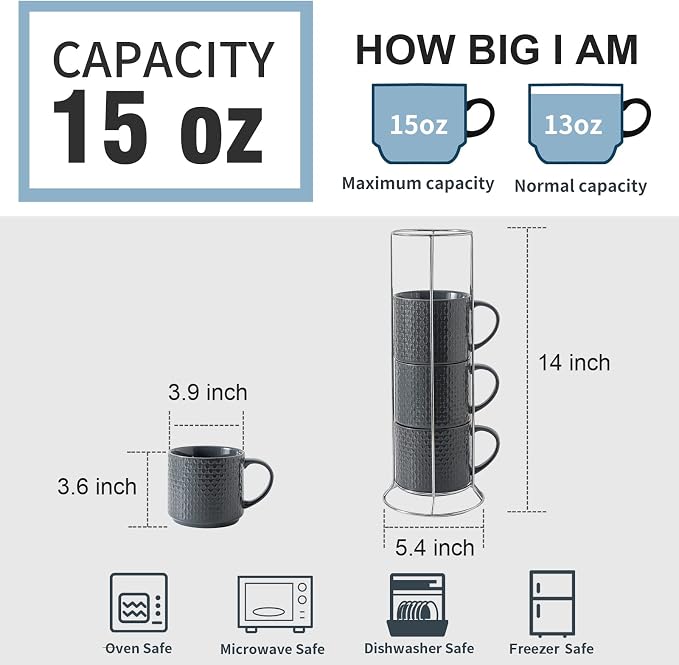 Hasense Coffee Mugs Set of 4 with Stand, 15 oz Porcelain Stackable Coffee Cups Set with handle for Tea, Latte, Milk and Cappuccino, Grey Embossed Tea Cups Set with Geometric Patterns for Men and Women