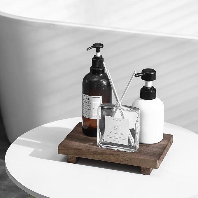 Wood Bathroom Tray Farmhouse Decor Kitchen Soap Holder, 9"x6" Walnut | Waterproof, Lightweight, Easy Clean, Small Wooden Riser Pedestal Stand Accessories for Office Desk, Vanity, Counter, Sink