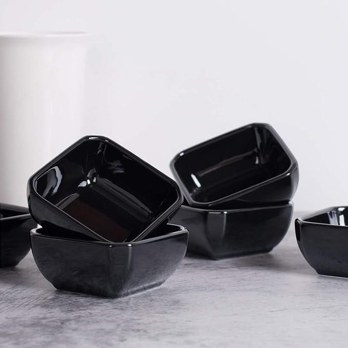 DELLING 6 Oz Square Porcelain Ramekins Set of 6, Oven Safe Creme Brulee Ramekins - Black Ceramic Souffle Dishes, Dishwasher Microwave Freezer Safe Baking Cups for Dessert Custard Pudding