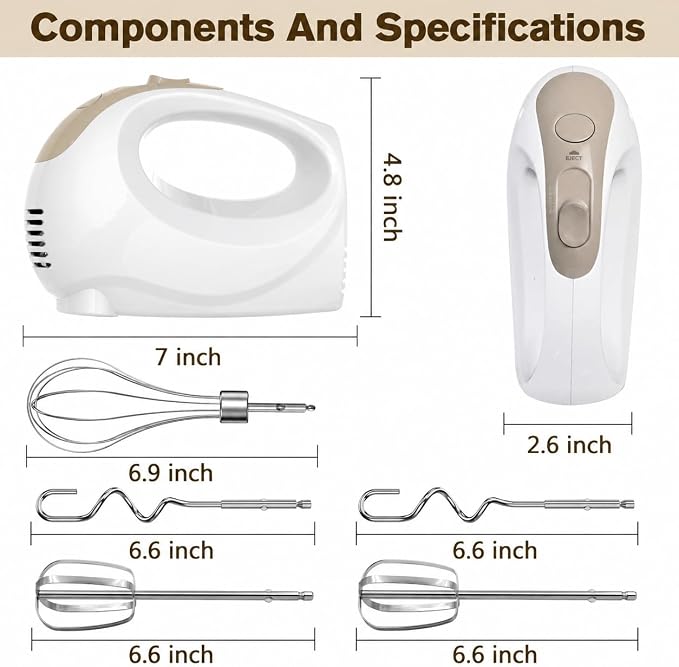 Showvigor Electric Hand Mixer with 5 Stainless Steel Whisks,5 Speed,White | Portable Kitchen Mixer Electric Whisk with 4 Stainless Steel Mixing Bowls, Measuring Cups, Spoons & Silicone Spatula