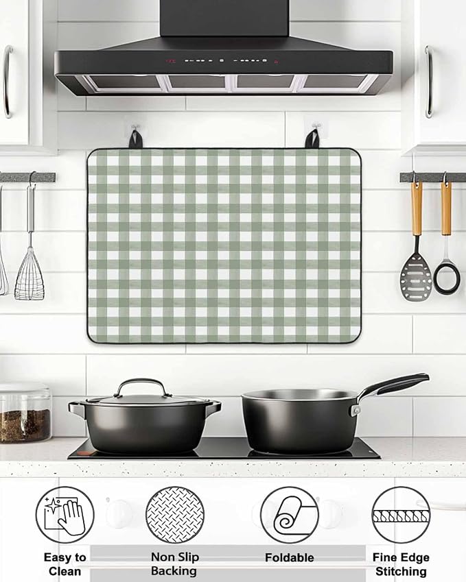 Stove Top Covers for Electric Stove 24x21 Inches, Sage Green Buffalo Plaid HeatResistant Glass Cooktop Protector, Country Green White Checker Modern Ceramic Stovetop Countertop Covers Mat, Oven Cover