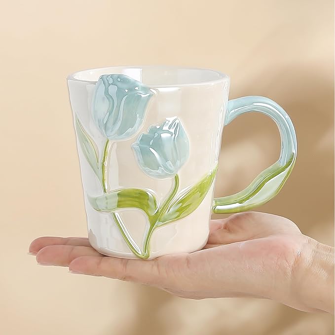 Floral Ceramic Coffee Mug 11.8 Oz Espresso Cup, Cute Flower Tea Cup with Handle for Women, Girly Mug Gift for Christmas Birthday, Home Office Drinkware, Blue