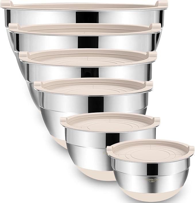 Umite Chef Mixing Bowls with Airtight Lids, 6 piece Stainless Steel Metal Nesting Storage Bowls, Non-Slip Bottoms Size 7, 3.5, 2.5, 2.0,1.5, 1QT, Great for Mixing & Serving (Khaki)
