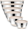 Umite Chef Mixing Bowls with Airtight Lids, 6 piece Stainless Steel Metal Nesting Storage Bowls, Non-Slip Bottoms Size 7, 3.5, 2.5, 2.0,1.5, 1QT, Great for Mixing & Serving (Khaki)