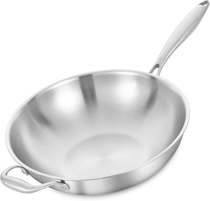 LOLYKITCH 14.5 Inch Stir-Frying Wok Pan | Tri-Ply Stainless Steel | Induction Cooking Wok Pan | Dishwasher and Oven Safe | Heavy Duty | Detachable Handle
