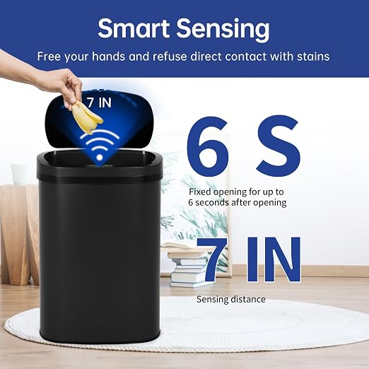 BestOffice | 13 Gallon Stainless Steel Trash Can with Lid | Black | Automatic Touchless Garbage Can | Odor Control | Modern Oval Design | Easy to Clean | For Kitchen, Bathroom, Office or Home