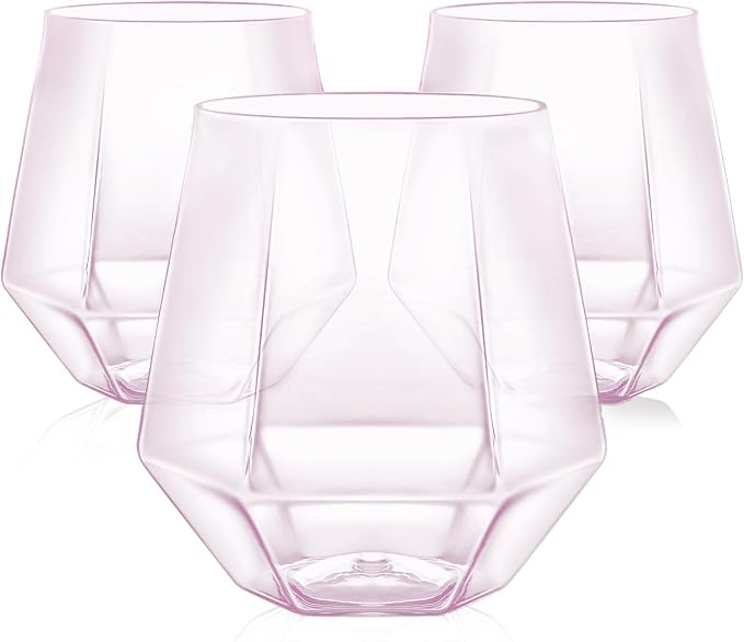 40 Pack Plastic Wine Glasses, 12 Oz Disposable Cocktail Whiskey Glasses | Diamond Stemless Champagne Margarita Glasses, Unbreakable Reusable Plastic Party Cups for Wedding Birthday (Pink)