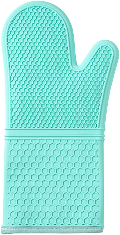 Comfy Grip 14 x 7.3 Inch Thick Baking Mitts, 1 Food-Grade Cooking Glove Set - 2-Piece Set, Heat-Resistant, Turquoise Silicone Oven Mitts, Honeycomb Texture, With Soft Cotton Lining - Restaurantware