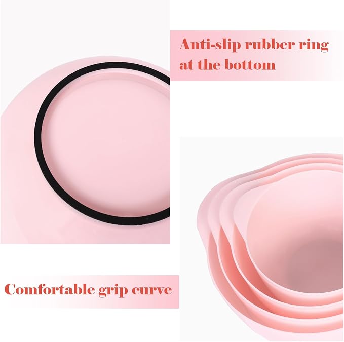 BoxedHome Mixing Bowls Set of 4, BPA Free Plastic,Microwave Safe, Pink | 4.5/3.5/2.5/1.7 quarts, Non-slip Base Large Nesting Bowl with Pour Spout, Dishwasher Safe, for Prep, Cooking,Baking