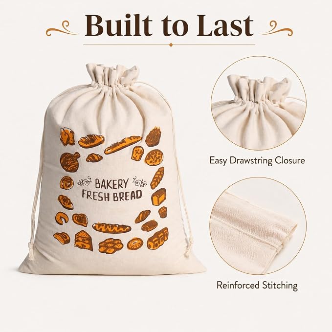 2 Pack Reusable Cotton Bread Bags for Homemade Bread, 16 x 12 Inch Drawstring Bread Storage Bags, Washable Cloth Bags for Sourdough Loaves, Baguettes, Bakery Bread, Rolls, Pastries and Produce