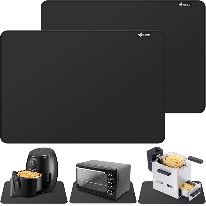 FLASLD 2Pack Heat Resistant Mat for Air Fryer Site on,12"X18" Fireproof Silicone Mats for Kitchen Counter, Countertop Protector, No-slip and Waterproof Black