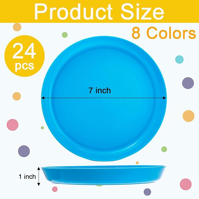 Frcctre 24 Pack Kids Plastic Plates, 7 Inch Small Unbreakable Children Dinner Plates Set BPA Free Reusable Snack Salad Plate for BBQ, Travel, Events, Dishwasher Safe, 8 Colors