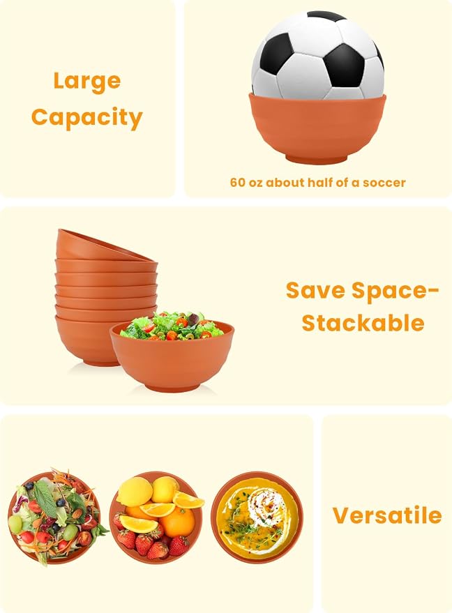 Large Bowl Set of 8, 60 oz Orange Wheat Straw Bowls, Unbreakable & Microwave Safe, Big Soup and Salad Bowls for Wedding, Party, Camping, Family Dining