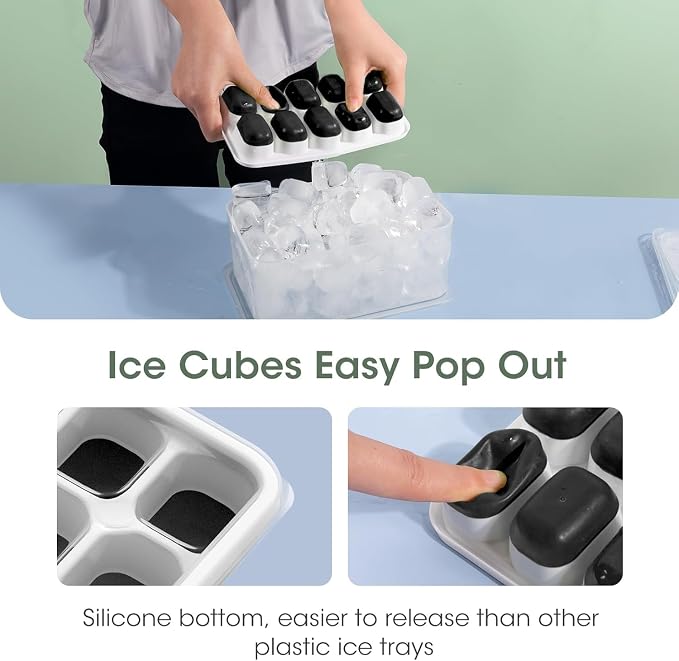 DOQAUS Ice Cube Tray with Lid and Bin,4 Pack Ice Cube Trays for Freezer | Silicone, Stackable. Easy Release Trays with Storage Bin & Scoop. Ideal for Freezer, Kitchen, RV, Cocktail, Coffee.