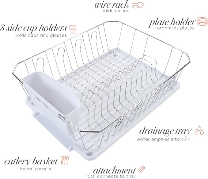 Kitchen Details 3 Piece Dish Rack | Drying Rack, Cutlery Basket & Drainboard Tray | Countertop | Self Draining | Open Wire Design | Chrome | White