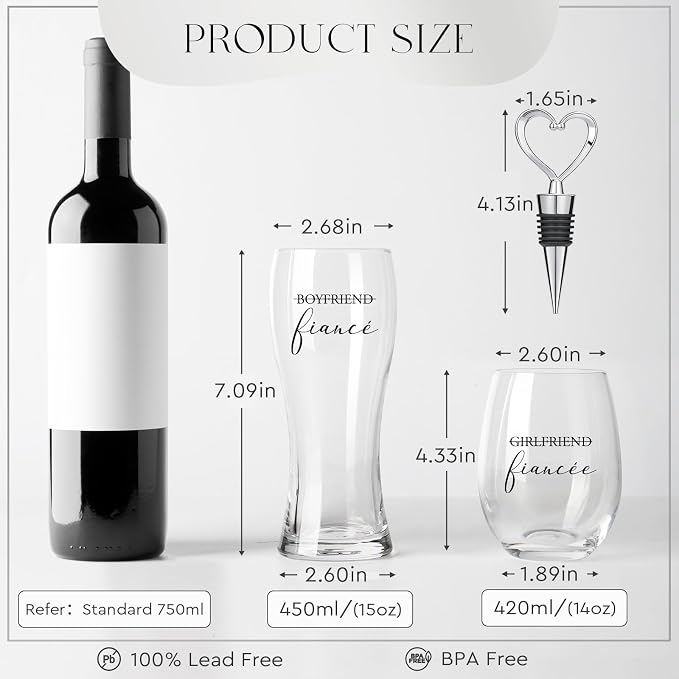 AW BRIDAL Fiance Wine Glasses and Beer Mug Set with Wine Stopper for Couple | Engagement Gifts for Women, Newly Wed Gift for the Couple 2026, Engaged Wine Glasses for Bride to Be, Fiance Fiancee Gift