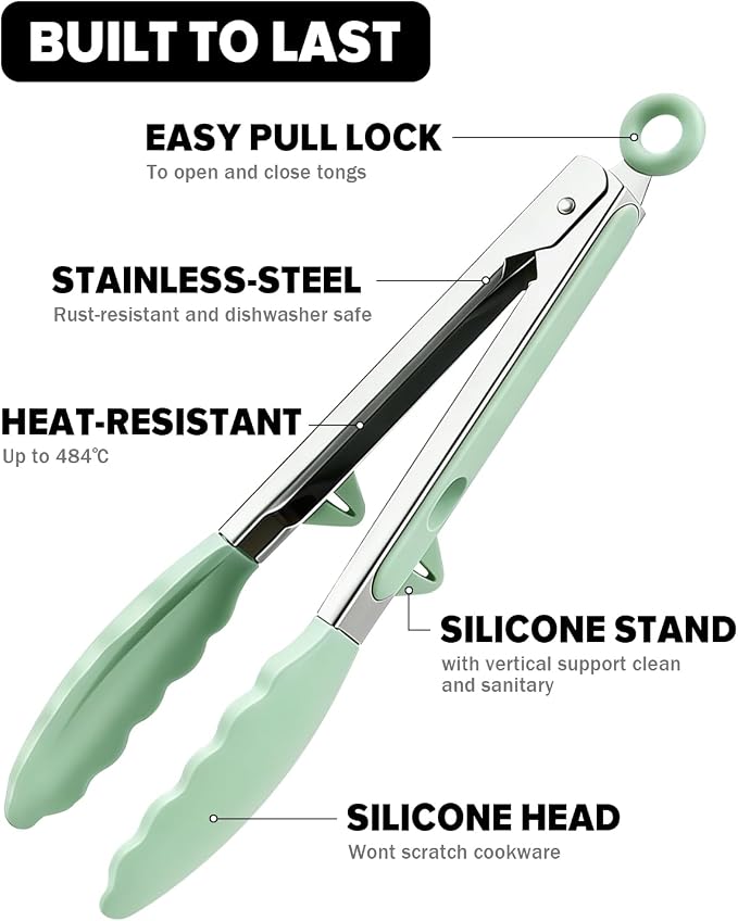 Kitchen Tongs for Cooking, Non Scratch Silicone Tip for Nonstick Cooking Pans, Food Grade Mini Serving Tongs, Pull Lock, Set of 3 (Green, 9 inch)
