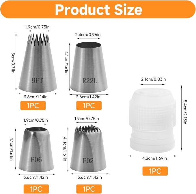 5 Pcs Large Piping Tips Set with Coupler, Stainless Steel Frosting Tips for Cake Decorating, Extra Large Pastry Nozzles for Cupcakes, Cookies, Churros, Eclairs, Meringue and Baking(F02/F06/9FT/R22L)
