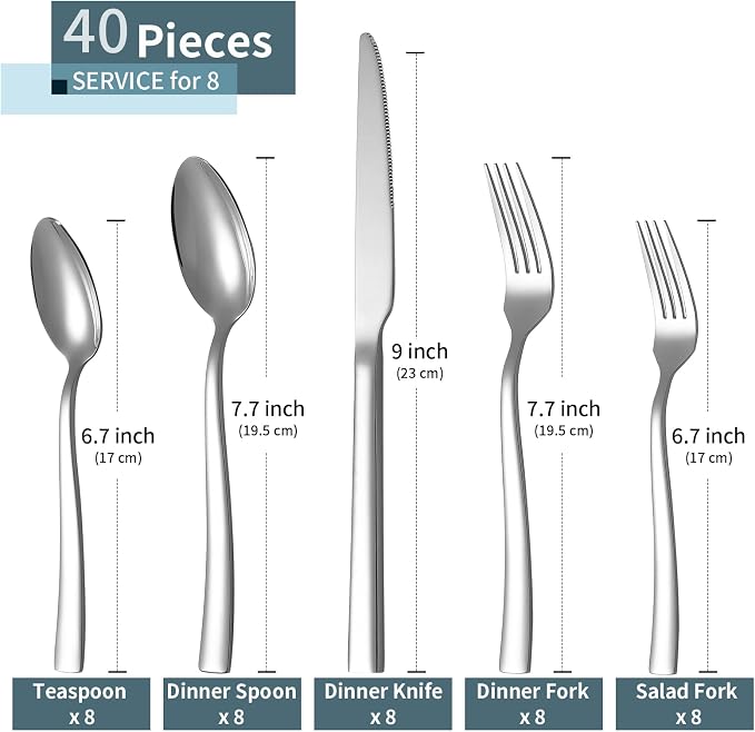 Silverware Set for 8, 40 Pieces Flatware Cutlery Set Stainless Steel | Luxury Steak Knife Fork and Spoon Set, Square Handles, Mirror Polished, Dishwasher Safe, for Home Kitchen Restaurant Weddings