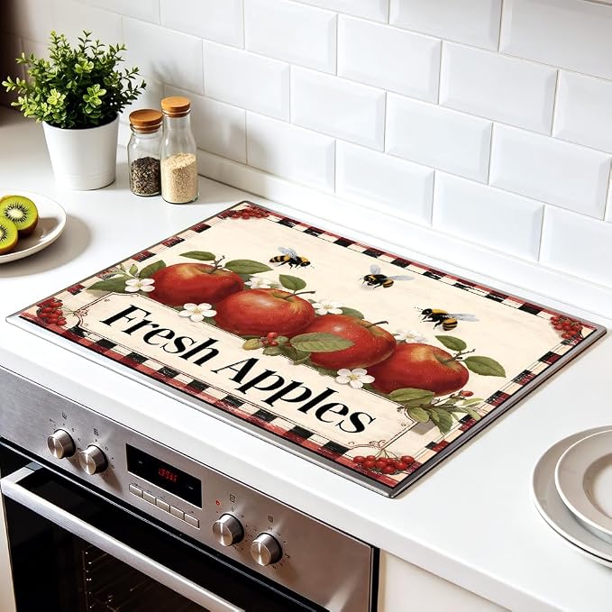 Fresh Apples Stove Top Cover, Buffalo Plaid Farmhouse, 28x20 in | Vintage Fresh Apples sign with bees on buffalo plaid border; non-slip mat; protects glass and electric cooktops; 28x20 in