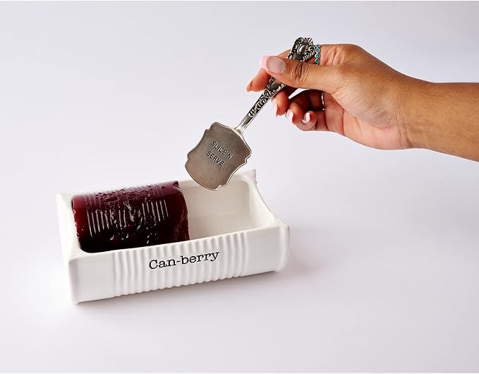 Mud Pie Can-Berry Ceramic Cranberry Serving Dish, Includes Spatula | Holds 1 Can Cranberries, Holiday, Thanksgiving, and Christmas Novelty Serveware, White, Cranberry Dish Server