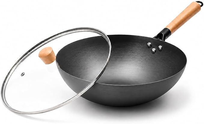 12.6" Carbon Steel Wok Pan, Flat Bottom Stir Fry Wok with Spiral Thread Interior, Coating‑Free Naturally Seasoning Wok, Compatible with Gas, Electric & Induction Cooktops